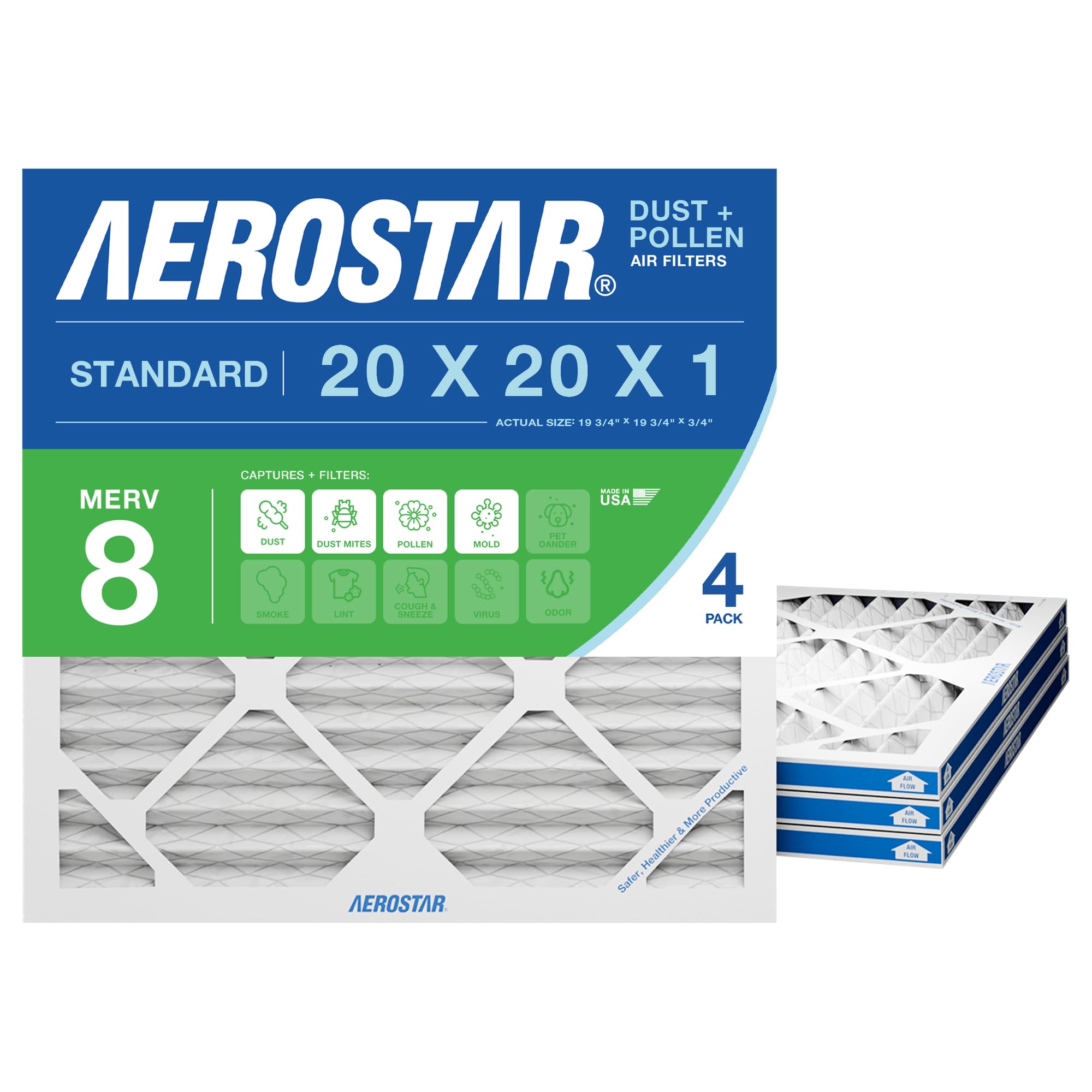 Aerostar 20x20x1 MERV 8 Air Filter, 4 Count, ACTUAL SIZE (19.75 x